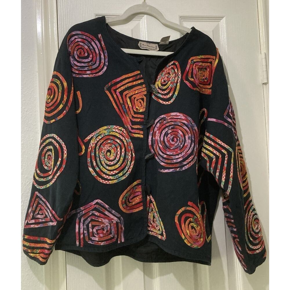 New Directions Black Artsy Colorful Long Sleeve Jacket Cotton Linen Size L